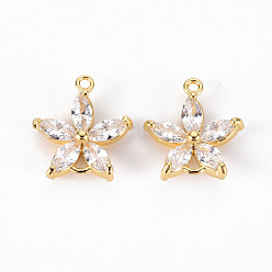 Настоящее золото 18K Соединители звеньев из латуни с микропаве, прозрачные кубические циркония, без никеля , цветок, реальный 18 k позолоченный, 15.5x14x4 мм, отверстие : 1.2 мм