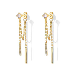 Золотой Серьги-гвоздики в форме палочки из латуни с микропаве из прозрачных кубических цирконий с цепочкой и кисточками, золотые, 40 мм