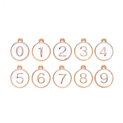 White Light Gold Plated Alloy Enamel Charms, Enamelled Sequins, Flat Round with Number, Number 0~9, White, 14.5x12x2.5mm, Hole: 1.4mm, 10pcs/set