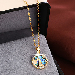 Acuario Collares con colgante de disco de signo zodiacal de concha de abulón natural iridiscente de latón con circonita cúbica transparente para mujer, dorado, Acuario, 15.75 pulgada (40 cm)