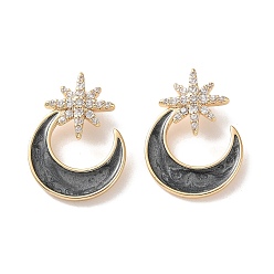 Real 18K Gold Plated Brass Micro Pave Clear Cubic Zirconia Pendants, with Black Enamel, Moon with Star Charms, Real 18K Gold Plated, 18x13x4mm, Hole: 2x1.5mm