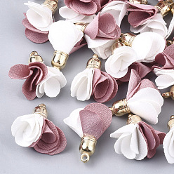Pale Violet Red Cloth Pendants, with CCB Plastic, Two Tone, Flower, Golden, Pale Violet Red, 24~27x15~25mm, Hole: 1.6mm