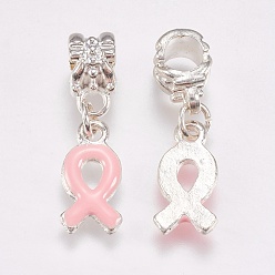 Pink Metal Alloy European Dangle Pendants, Breast Cancer Pink Awareness Ribbon, with Enamel, 27mm