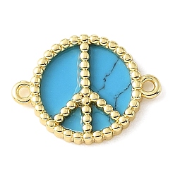 Real 18K Gold Plated Brass & Synthetic Turquoise Connector Charms, Flat Round with Peace Sign Links, Rack Plating, Long-Lasting Plated, Cadmium Free & Lead Free, Real 18K Gold Plated, 16x21x2.5mm, Hole: 1.2mm