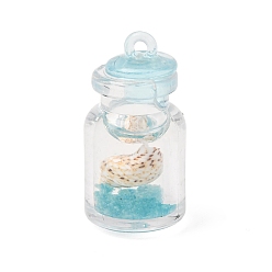 Sky Blue Transparent Resin & Natural Shell Pendants, Wishing Bottle with Conch Charms, Sky Blue, 29x15mm, Hole: 1.8mm