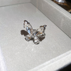Silver Brass Micro Pave Cubic Zirconia Cuff Open Rings for Women, Butterfly, Silver, US Size 4 1/4(15mm)~20mm