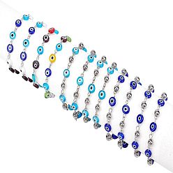 Mixed Color Handmade Lampwork Flat Round Evil Eye Beads Chains for Necklaces Bracelets Making, with Iron Eye Pin, Mixed Color, 3strands/box
