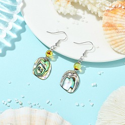 Stainless Steel Color Natural Paua Shell Dangle Earrings, Nuggets, Natural Amber Beads & 304 Stainless Steel Dangle Earrings for Women, Stainless Steel Color, 52x16.5mm