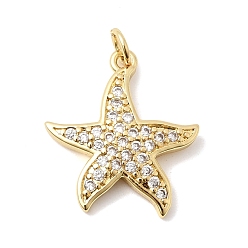 Настоящее золото 18K Латунные микропаве прозрачные подвески с фианитом, без кадмия и без свинца, долговечный, стойки покрытие, прелести морская звезда, реальный 18 k позолоченный, 22.5x19.5x2.5 мм, отверстие : 3.3 мм