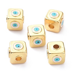 Голубой Латунь эмаль бисера, долговечный, реальный 18 k позолоченный, куб с глазком, голубой, 10x10x10 мм, отверстие : 3 мм
