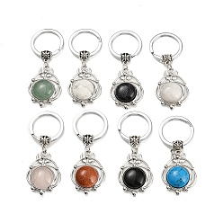 Mixed Stone Natural & Synthetic Gemstone Pendant Keychain, Flat Round, with Brass Findings, Antique Silver & Platinum, 65~66mm