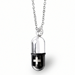Black Medical Theme Pill Shape 304 Stainless Steel Pendant Necklaces with Cable Chains, Black, no size