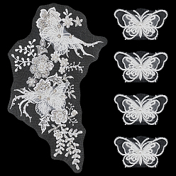 White 4Pcs Cotton Lace Clothing Patches, Butterfly, with 1Pc Net Fabric Clothing Patches, Flower, White, 42x70x7.5mm