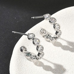 Платина Серьги-гвоздики из латунного микро-паве, плоский круглый с С-образной формой, стойки покрытие, долговечный, без кадмия и без свинца, платина, 16.5x4 мм