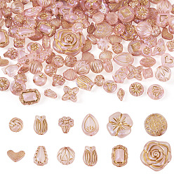 Pink 100G Transparent Acrylic Beads, Mixed Shapes, Golden Metal Enlaced, Pink, 10mm
