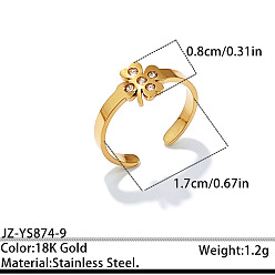Clover Ocean 304 Stainless Steel Rhinestone Cuff Open Rings, Golden, Clover, 17mm