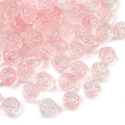 Pink Прозрачные стеклянные бусины, круглый с цветочным узором, розовые, 11x10 мм, отверстие : 1 мм