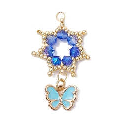 Синий Подвески-цветы из стеклянных бус, с настоящими 18позолоченными 304 кольцами из нержавеющей стали и эмалированными подвесками в виде бабочек, синие, 36x24x4 мм