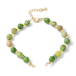 Настоящее золото 18K Изготовление браслета из круглых бусин из натуральной окрашенной императорской яшмы, зеленый лайм, с латунной кубической фурнитурой, стойки покрытие, долговечный, без кадмия и без свинца, реальный 18 k позолоченный, 6-3/4 дюйм (17 см), отверстие : 2.5x3 мм