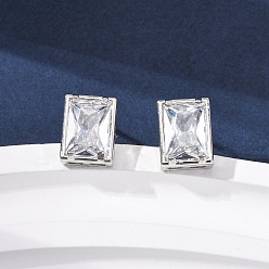 Rectangle Серьги-гвоздики из латунного микро-паве, стойки покрытие, долговечный, без кадмия и без свинца, платина, прямоугольные, 9.5x7.5 мм