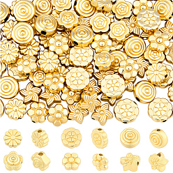 Настоящее золото 18K 120шт 6 стили бусины из сплава, цветок, реальный 18 k позолоченный, 6.5~8x6.5~8x3~5 мм, отверстие : 1~1.6 мм, 20 шт / стиль