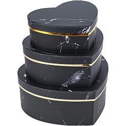 Black Marble Texture Pattern Paper Cardboard Jewelry Boxes, Heart, Black, 21.3x19.8x9.05cm, 18.5x16.6x7.6cm, 15.6x13.9x6.3cm, 3pcs/set