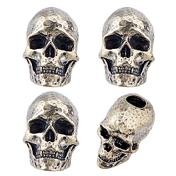 Argent Antique 4pcs perles européennes en laiton, crane, perle avec trou grande, argent antique, 19x13x16mm, Trou: 5.5mm