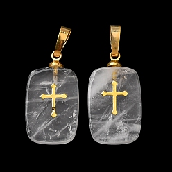 Хрусталь Природного кварца хрустальных подвесок, с латунной фурнитурой и 304 кабошонами из нержавеющей стали, золотые, прямоугольник с подвесками в виде креста, 23~23.5x13~13.5x3.5~4 мм, отверстие : 7.5x4 мм