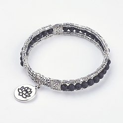 Lava Rock Natural Lava Rock Beads Bangles, with Tibetan Style Alloy Lotus Pendants and Finding and Rectangle OPP Cellophane Bags, Antique Silver, 2 inch(50mm)