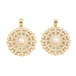 Flat Round Brass Micro Pave Clear Cubic Zirconia Pendants, with ABS Imitation Pearls, Flat Round Charms, Real 18K Gold Plated, 29x27x7mm, Hole: 5x3mm