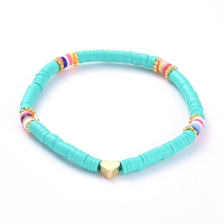 Medium Turquoise Handmade Polymer Clay Heishi Bead Stretch Bracelets, with Heart Brass Beads and Alloy Spacer Beads, Medium Turquoise, 2-1/8 inch(5.3cm)