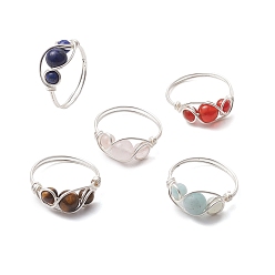 Смешанные камни Кольца на палец с круглыми бусинами и натуральным драгоценным камнем из медной проволоки для женщин, 8 мм, размер США 8 1/2 (18.5 мм)