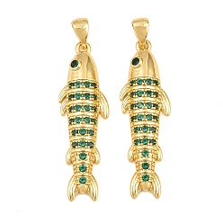 Verde Micro latón allanan colgantes cúbicos del zirconia, encantos de pescado, sin plomo y cadmio, chapado en rack, larga duración plateado, real 18 k chapado en oro, verde, 35x10.5x4 mm, agujero: 3x5 mm