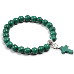 Синтетическая Бирюза Браслеты с подвесками из окрашенных синтетических бирюзовых бусин, эластичные браслеты для мужчин и женщин, крестик