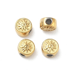 Настоящее золото 18K 304 из нержавеющей стали бусы, плоские круглые с цветком, ионное покрытие (ip), реальный 18 k позолоченный, 6.5x4 мм, отверстие : 1.8 мм