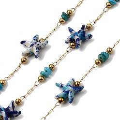 Темно-Синий Ручная работа 304 звенья цепи из нержавеющей стали с имитацией бирюзы в виде морской звезды, пайки, с 316 цепями из нержавеющей стали, катушкой и окрашенной оболочкой, ионное покрытие (ip), реальный 18 k позолоченный, темно-синий, бисер: 10x10x4 мм & 5x3.5 мм