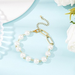 Снежный Стеклянные жемчужины круглые бусины браслеты для женщин, с прямоугольником 201 быстроразъемные соединения из нержавеющей стали, снег, 7-3/4~8 дюйм (19.7~20.3 см)