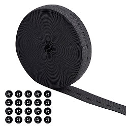 Black DIY Clothing Adjust Elastic Kits, with Resin Buttons, Flat Elastic Cord/Bands with Buttonhole, Black, 20mm, about 10m/roll, 1roll/set