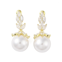 Golden Brass with Resin Imitation Pearl Stud Earrings, with Micro Pave Cubic Zirconia, Flower, Golden, 38.5x17mm