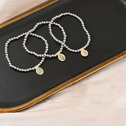 Jesus Браслеты из латуни с овалами и подвесками в виде Иисуса, латунные круглые бусины эластичные браслеты для мужчин и женщин, стойки покрытие, долговечный, без свинца и без кадмия, настоящее золото и платина, внутренний диаметр: 1-7/8 дюйм (4.8 см)