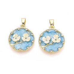 Плоский Круглый Латунные микро проложить кубического циркония подвески, со смолой и эмалью, плоские круглые и цветок, реальный 18 k позолоченный, плоско-круглые, 23x20x4 мм, отверстие : 5.5x2.5 мм