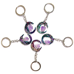 Rainbow Color Alloy Keychain, with Natural Amethyst, Rainbow Color, 8~10cm