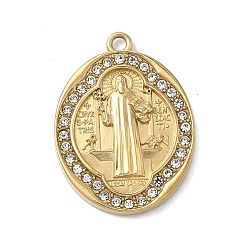 Настоящее золото 18K 304 подвески из нержавеющей стали и страз, овал с амулетом святого Бенедикта, вакуумное покрытие pvd, кристалл, реальный 18 k позолоченный, 25.5x18.5x3 мм, отверстие : 1.6 мм