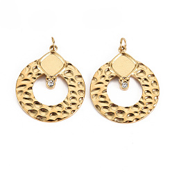 Real 14K Gold Plated Hammered 304 Stainless Steel Pendant Cabochon Settings, with Jump Rings, Flat Round, Real 14K Gold Plated, Tray: 7x7mm, 24x20x2mm, Jump Ring: 3.8x0.5mm, 2.8mm inner diameter