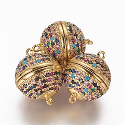 Золотой Магнитные застежки из латуни с цирконием и микропаве с петлями, круглые, красочный, золотые, 21.5~22x17 мм, отверстие : 1.4 мм