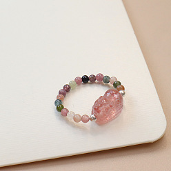 Смешанные камни Кольца для пальцев из натурального турмалина, клубничного кварца и нефрита-хотиана, внутренний диаметр: 17 мм