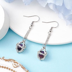 Индиго Стекло бисер мотаться серьги, с бусиной из натурального тигрового глаза и 304 цепочками-роло из нержавеющей стали, индиговые, 50x15 мм