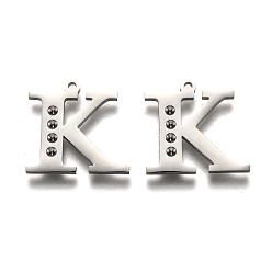 Letter K Anlaufgeschützt 304 Buchstabenanhänger aus Edelstahl mit Strass-Fassungen, letter.k, 15.5x16x1.5 mm, Bohrung: 1.2 mm, Passform von: 1.6mm Strass