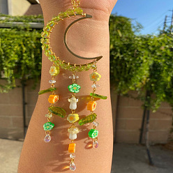 Зеленый газон Стеклянная подвеска в форме капли, с подвеской из смолы в виде цветка в виде грибовидного листа и подвеской в виде луны из латуни, для украшения внутреннего зеркала автомобиля, зеленый газон, 250 мм