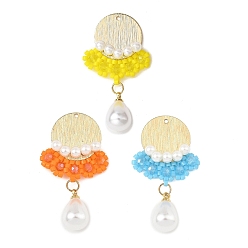 Mixed Color 3Pcs 3 Colors Glass Seed Beaded & ABS Plastic Imitation Pearl & Glass Pendants, Flower Charm, with Rack Plating Brass Chandelier Components, Mixed Color, 37.5x21x5mm, Hole: 1.2mm, 1pc/color